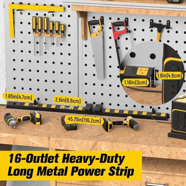 Alt view image 9 of 14 - 16 Outlet Long Power Strip, 4FT Heavy Duty Power Strip with 4800J Surge Protection, 20a Mountable Wide-Spaced Outlets for Home, Office, Garage & Workshop - ETL Certified