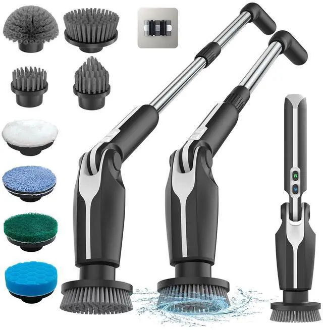 Alt view image 4 of 6 - Electric Spin Scrubber, Shower Scrubber with 4 Adjustable Angles and 8 Brush Heads, Electric Scrubber with Long Handle & Remote Controller, Cleaning Brush for Bathroom, Tub, Floor (Black)
