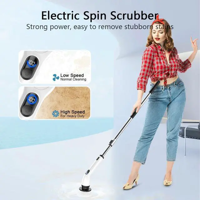Alt view image 8 of 12 - Electric Spin Scrubber, Full-Body IPX7 Waterproof Bathroom Scrubber with Power LCD Display, Adjustable Extension Handle, Cordless Shower Cleaner Brush for Bathtub Kitchen Wall Cleaning