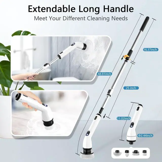 Alt view image 10 of 12 - Electric Spin Scrubber, Full-Body IPX7 Waterproof Bathroom Scrubber with Power LCD Display, Adjustable Extension Handle, Cordless Shower Cleaner Brush for Bathtub Kitchen Wall Cleaning