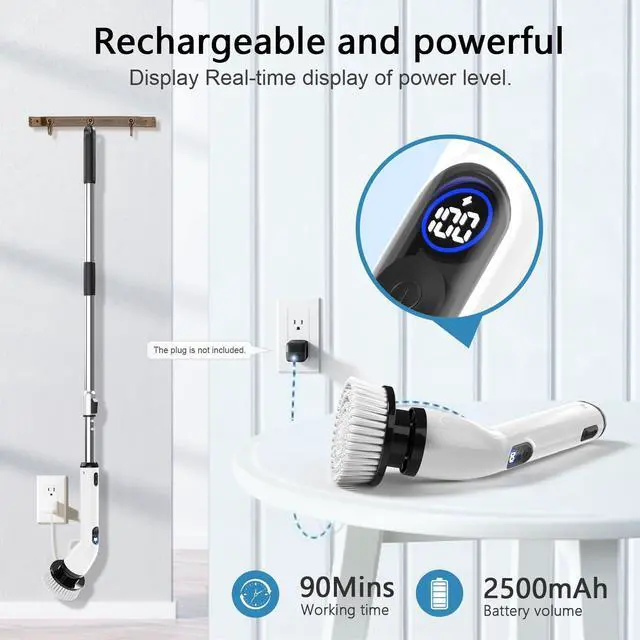 Alt view image 11 of 12 - Electric Spin Scrubber, Full-Body IPX7 Waterproof Bathroom Scrubber with Power LCD Display, Adjustable Extension Handle, Cordless Shower Cleaner Brush for Bathtub Kitchen Wall Cleaning