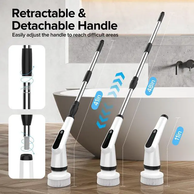 Alt view image 9 of 14 - Electric Spin Scrubber, IPX7 Shower Scrubber with 7 Replaceable Brush Heads & Retractable Handle, 2-Speed Adjustable Shower Cleaner for Bathroom,Toilet, Bathtub, Kitchen, Tile Floors