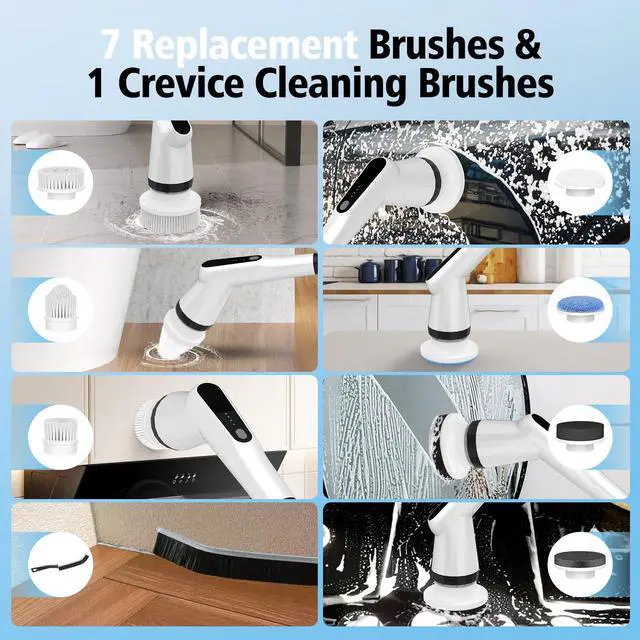 Alt view image 10 of 14 - Electric Spin Scrubber, IPX7 Shower Scrubber with 7 Replaceable Brush Heads & Retractable Handle, 2-Speed Adjustable Shower Cleaner for Bathroom,Toilet, Bathtub, Kitchen, Tile Floors