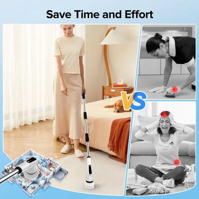 Alt view image 11 of 14 - Electric Spin Scrubber, IPX7 Shower Scrubber with 7 Replaceable Brush Heads & Retractable Handle, 2-Speed Adjustable Shower Cleaner for Bathroom,Toilet, Bathtub, Kitchen, Tile Floors