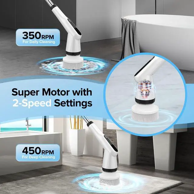 Alt view image 12 of 14 - Electric Spin Scrubber, IPX7 Shower Scrubber with 7 Replaceable Brush Heads & Retractable Handle, 2-Speed Adjustable Shower Cleaner for Bathroom,Toilet, Bathtub, Kitchen, Tile Floors