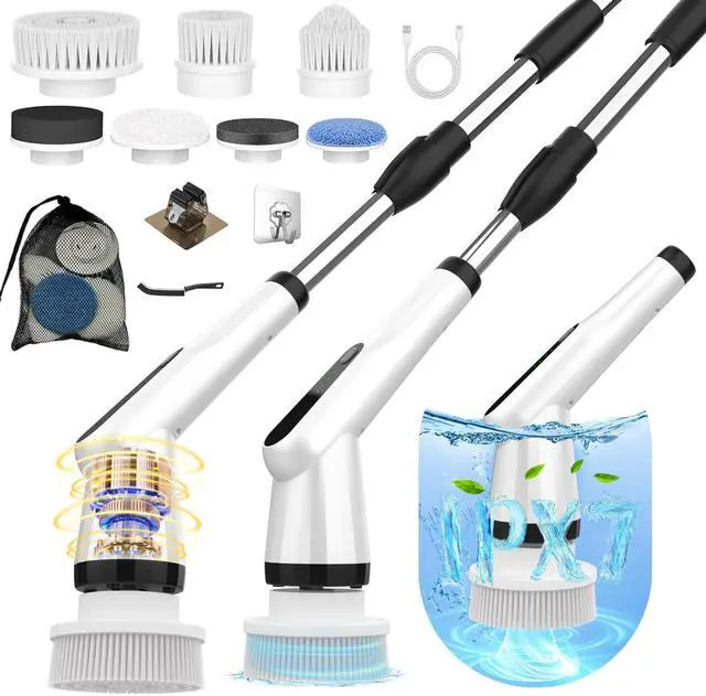 Alt view image 8 of 14 - Electric Spin Scrubber, IPX7 Shower Scrubber with 7 Replaceable Brush Heads & Retractable Handle, 2-Speed Adjustable Shower Cleaner for Bathroom,Toilet, Bathtub, Kitchen, Tile Floors