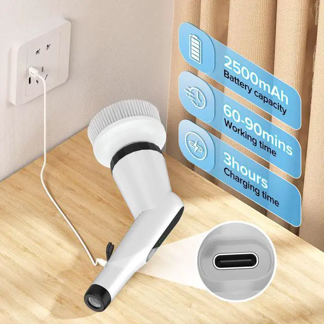 Alt view image 14 of 14 - Electric Spin Scrubber, IPX7 Shower Scrubber with 7 Replaceable Brush Heads & Retractable Handle, 2-Speed Adjustable Shower Cleaner for Bathroom,Toilet, Bathtub, Kitchen, Tile Floors