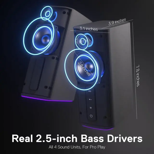 Alt view image 11 of 14 - GS814 Stereo Desktop Speaker, 20W Output, 4 Real Units, BT 5.0/3.5mm AUX, Enhanced Bass, Touch-Control, Dynamic RGB Lighting