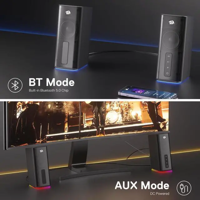 Alt view image 12 of 14 - GS814 Stereo Desktop Speaker, 20W Output, 4 Real Units, BT 5.0/3.5mm AUX, Enhanced Bass, Touch-Control, Dynamic RGB Lighting