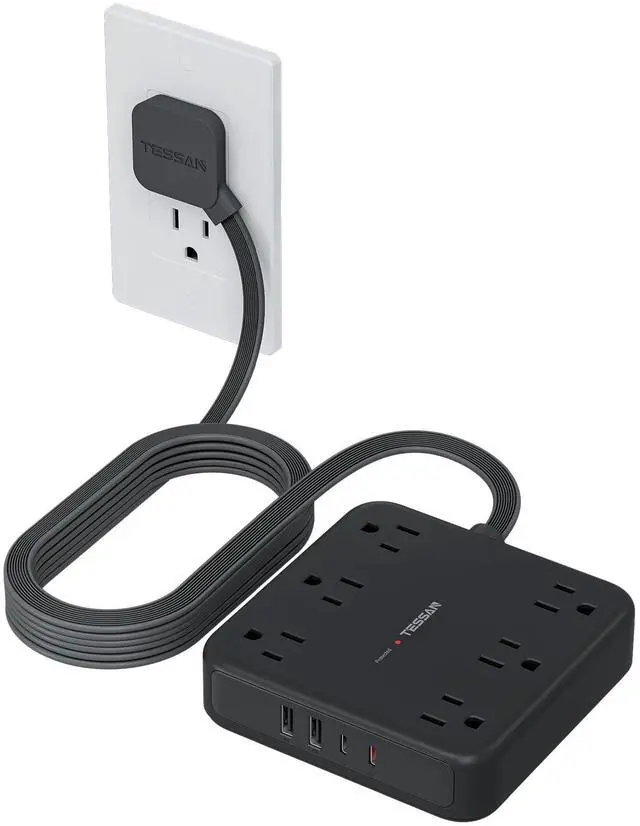 Alt view image 8 of 14 - 15Ft Black Extension Cord with Multiple Outlets, Surge Protector Power Strip with 6 Outlets and 4 USB Ports (2 USB C), 2100 Joules Protection, Flat Plug, Outlet Extender for Home, Office, Dorm