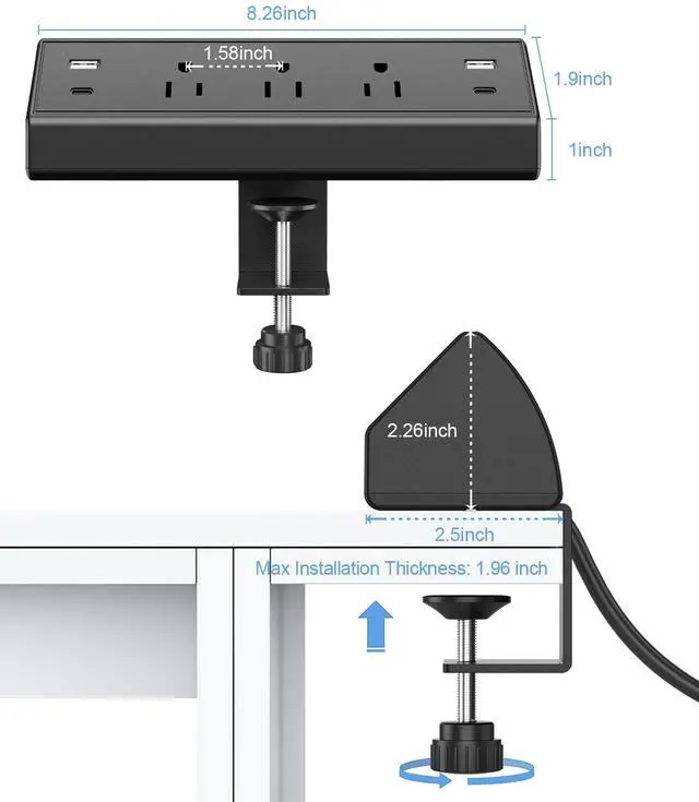 Alt view image 13 of 14 - Desk Clamp Power Strip,40W Total Fast Charging Station,2 PD 20W USB C Ports,Desk Edge Mount Surge Protector for Home, Office,3 Outlets,Fit 1.96" Tabletop Edge,ETL Listed