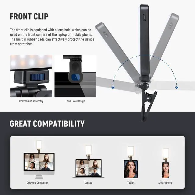 Alt view image 14 of 14 - LED Selfie Phone Light, Rechargeable 2500-9000K Clip On Fill Light, Color Films/Diffuser/3000mAh, CRI95+ Dimmable Video Conference Lighting for iPhone Camera Laptop Zoom Call, BL120B