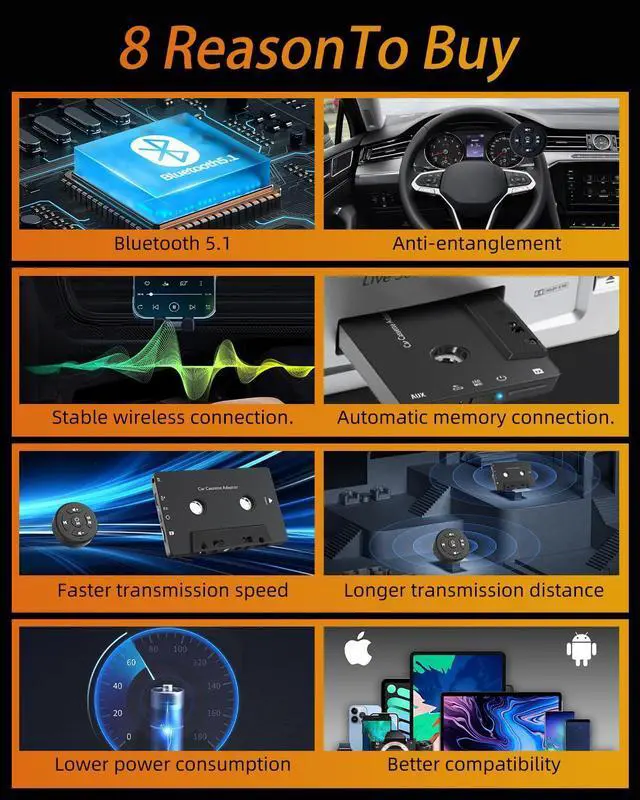 Alt view image 14 of 14 - Car Audio Bluetooth 5.1 Cassette Receiver, Cassette Bluetooth Adapter for Car Tape Player, Wireless Cassette Aux Adapter with Hands-Free Calling, Compatibility with Smartphones, Tablets, MP3, TF Card