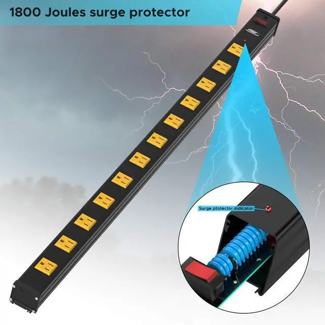 Alt view image 10 of 14 - Heavy Duty Surge Protector Power Strip Wide Spaced 12-Outlet 15 Feet Long Extension Cord with Mounting Brackets 15A Circuit Breaker 1800 Joules