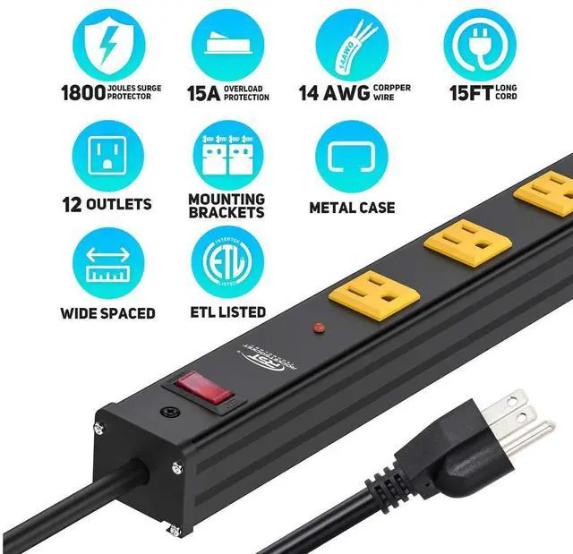 Alt view image 9 of 14 - Heavy Duty Surge Protector Power Strip Wide Spaced 12-Outlet 15 Feet Long Extension Cord with Mounting Brackets 15A Circuit Breaker 1800 Joules