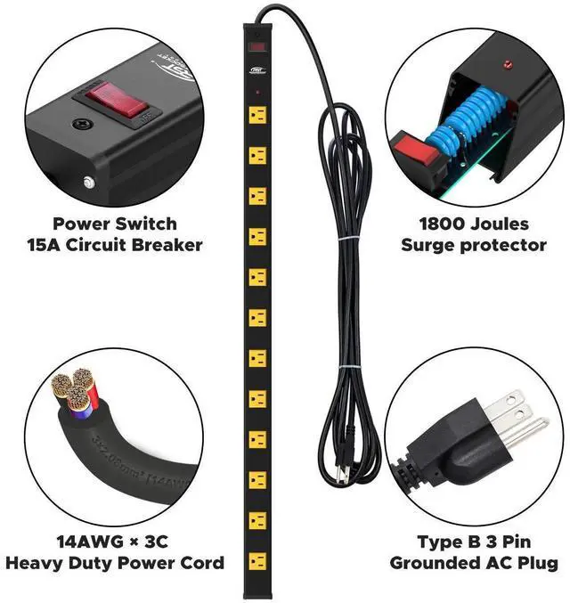 Alt view image 11 of 14 - Heavy Duty Surge Protector Power Strip Wide Spaced 12-Outlet 15 Feet Long Extension Cord with Mounting Brackets 15A Circuit Breaker 1800 Joules