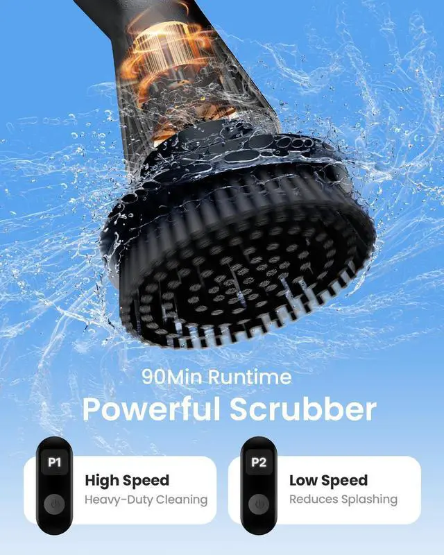 Alt view image 9 of 14 - Electric Spin Scrubber, Cordless Cleaning Brush for Bathroom Shower Tub, IPX7 Waterproof Power Scrubber with 7 Brush Heads, Extendable Long Handle and 2 Speeds Scrubber for Bathtub Floor