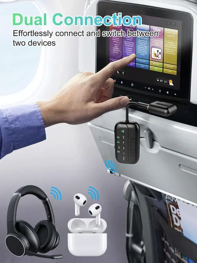 Alt view image 9 of 14 - 2026 Pro Bluetooth 5.4 Transmitter Receiver with Qualcomm Chipset,2-in-1 Airplane Wireless Adapter for Flight,TV,PC,Gym,Switch,Works with 2 AirPods/Headphones;Audio AUX Receiver for Car/Home Stereo