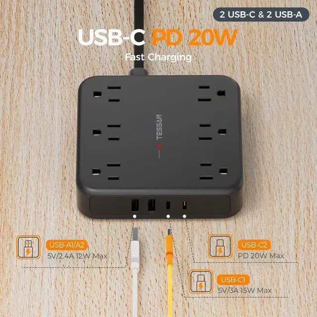 Alt view image 12 of 14 - 15Ft Black Extension Cord with Multiple Outlets, Surge Protector Power Strip with 6 Outlets and 4 USB Ports (2 USB C), 2100 Joules Protection, Flat Plug, Outlet Extender for Home, Office, Dorm