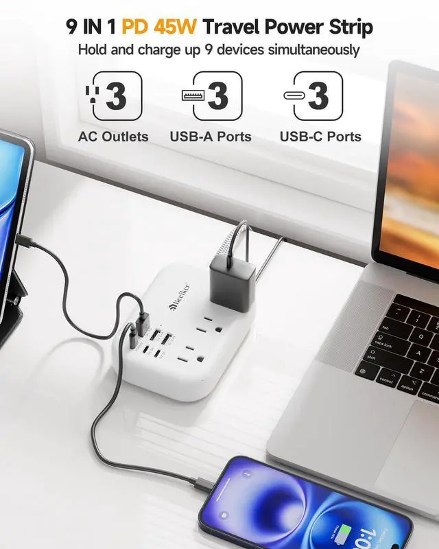 Alt view image 10 of 14 - PD45W USB C Travel Power Strip, Cruise Power Strip with 6 USB(3 USB C) Ports and 3 Outlets, 5Ft Flat Plug Braided Extension Cord, 45W Fast Charging Station for MacBook Laptops iPad Pro iPhone Samsung
