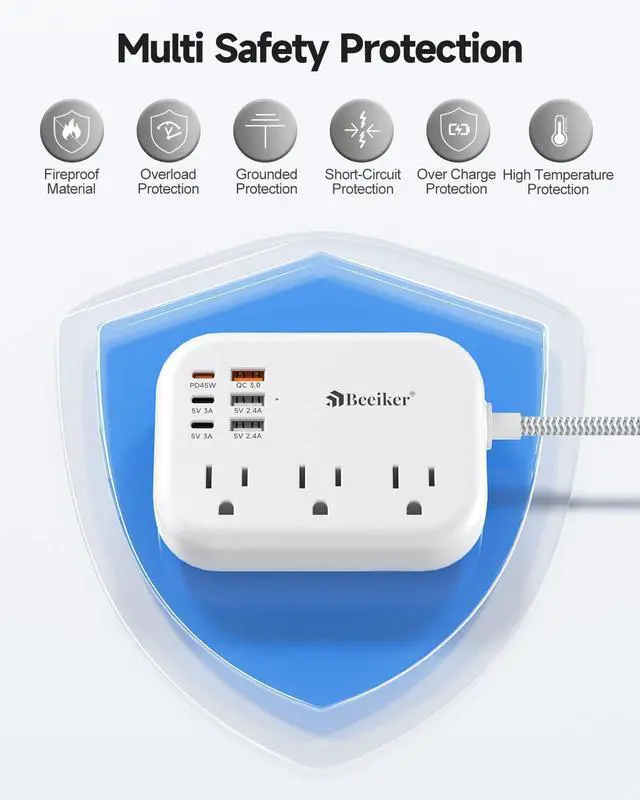 Alt view image 14 of 14 - PD45W USB C Travel Power Strip, Cruise Power Strip with 6 USB(3 USB C) Ports and 3 Outlets, 5Ft Flat Plug Braided Extension Cord, 45W Fast Charging Station for MacBook Laptops iPad Pro iPhone Samsung