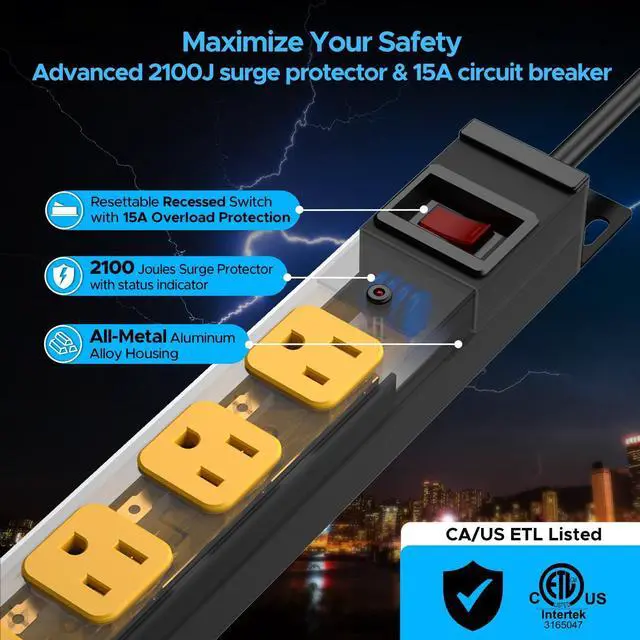 Alt view image 10 of 14 - 8-Outlet Heavy Duty Power Strip Surge Protector (2100 Joules), Mountable Metal Long Power Bar with 6FT 14AWG Extension Cord, 15A Circuit Breaker, ETL Listed for Garage, Workshop, Office