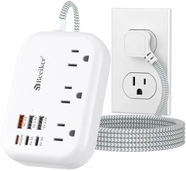 Alt view image 8 of 14 - PD45W USB C Travel Power Strip, Cruise Power Strip with 6 USB(3 USB C) Ports and 3 Outlets, 5Ft Flat Plug Braided Extension Cord, 45W Fast Charging Station for MacBook Laptops iPad Pro iPhone Samsung