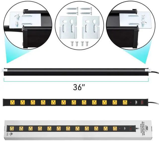 Alt view image 14 of 14 - Heavy Duty Surge Protector Power Strip Wide Spaced 12-Outlet 15 Feet Long Extension Cord with Mounting Brackets 15A Circuit Breaker 1800 Joules