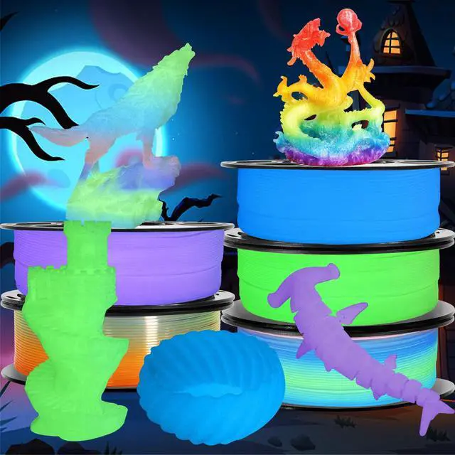 Alt view image 10 of 10 - 1.75mm PLA 3D Printer Filament Bundle: Glow in Dark Green/Blue/Purple/Rainbow, One Spool Clear Multi Colored, Each Spool 250g, Total 1.25Kg 3D Printing Material, 250g x 5 Spools Glow in Dark PLA