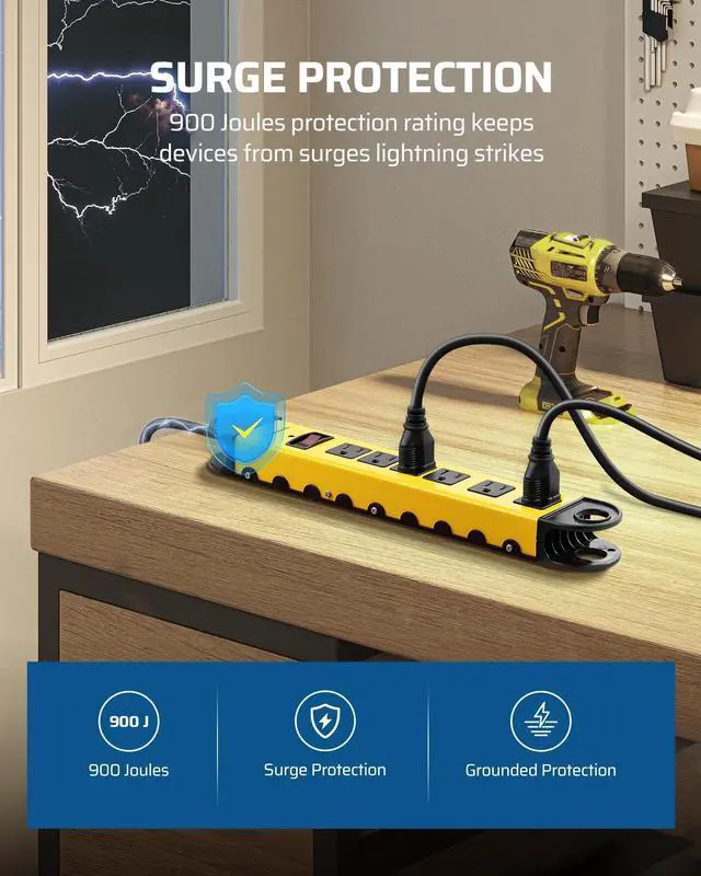 Alt view image 10 of 14 - Metal Power Strip, 6-Outlet Heavy Duty Surge Protector with 15FT Long Cord, UL Listed, 14AWG/3C, 15A Circuit Breaker, 900 Joules, Low Profile Flat Plug, Wall Mountable
