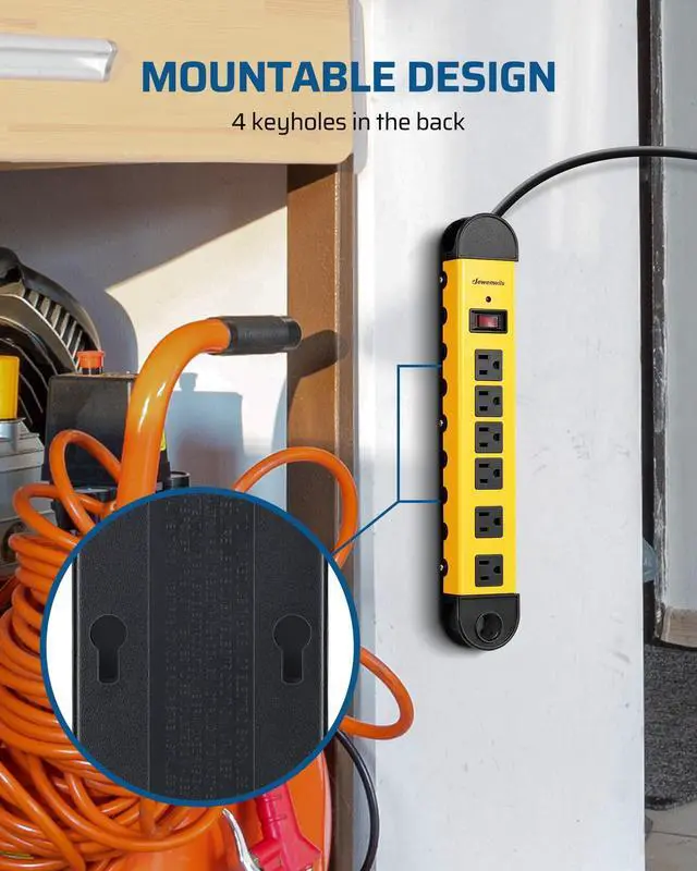 Alt view image 13 of 14 - Metal Power Strip, 6-Outlet Heavy Duty Surge Protector with 15FT Long Cord, UL Listed, 14AWG/3C, 15A Circuit Breaker, 900 Joules, Low Profile Flat Plug, Wall Mountable