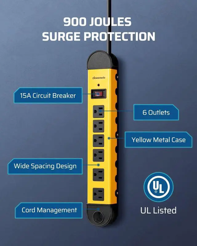 Alt view image 9 of 14 - Metal Power Strip, 6-Outlet Heavy Duty Surge Protector with 15FT Long Cord, UL Listed, 14AWG/3C, 15A Circuit Breaker, 900 Joules, Low Profile Flat Plug, Wall Mountable