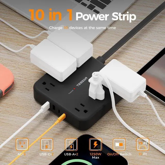 Alt view image 9 of 14 - 15Ft Black Extension Cord with Multiple Outlets, Surge Protector Power Strip with 6 Outlets and 4 USB Ports (2 USB C), 2100 Joules Protection, Flat Plug, Outlet Extender for Home, Office, Dorm