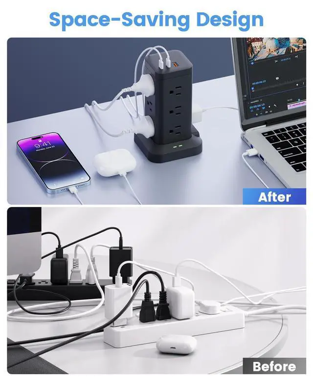 Alt view image 13 of 14 - Power Strip Tower with Surge Protector 1800J, Fast Charging Tower PD20W USB-C Ports with 12 AC Outlets, 10ft Extension Cord for Home Office Dorm Room, Black