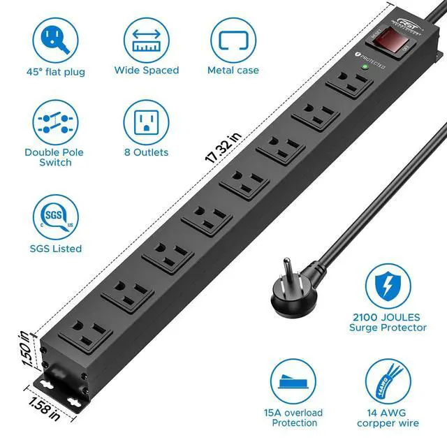 Alt view image 10 of 14 - 8 Outlet Metal Heavy Duty Power Strip, 2100J Surge Protector with 6FT Cord, 15A/1875W Wide Spaced Mountable Industrial Power Strip for Garage/Workshop/Office