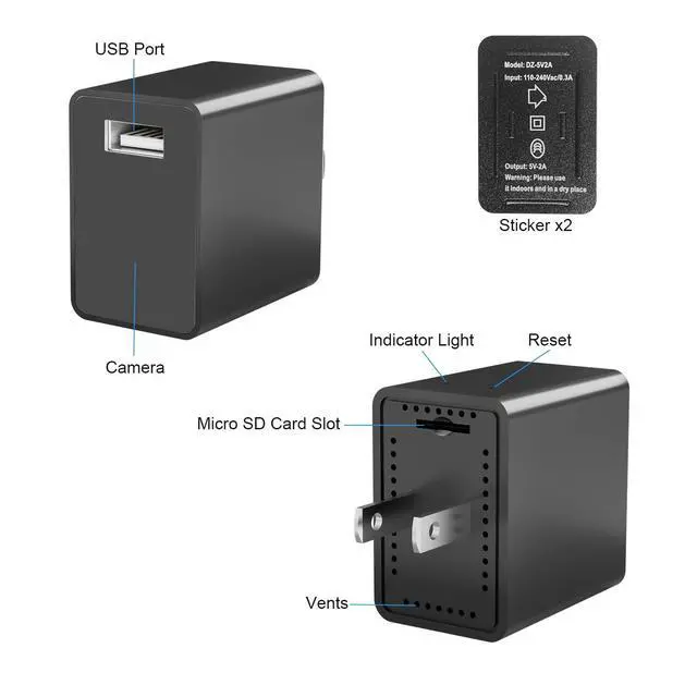 Alt view image 8 of 12 - Small Wireless Camera with USB Charger - Full HD 1080P - Mini Security Cam for Indoor Use - Cloud Storage