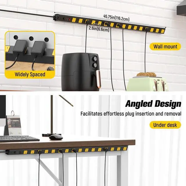 Alt view image 11 of 14 - 16 Outlet Long Power Strip, 4FT Heavy Duty Power Strip with 4800J Surge Protection, 20a Mountable Wide-Spaced Outlets for Home, Office, Garage & Workshop - ETL Certified