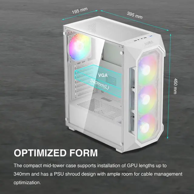 Alt view image 13 of 14 - White ATX Mid Tower Gaming Computer PC Case w/Tempered Glass, Built-in 4X 120mm ARGB Fans, Support Up to 6X 120mm Fans, 360mm AIO/Radiator, 340mm GPU/VGA, 160mm CPU Air Cooler