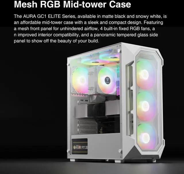 Alt view image 9 of 14 - White ATX Mid Tower Gaming Computer PC Case w/Tempered Glass, Built-in 4X 120mm ARGB Fans, Support Up to 6X 120mm Fans, 360mm AIO/Radiator, 340mm GPU/VGA, 160mm CPU Air Cooler