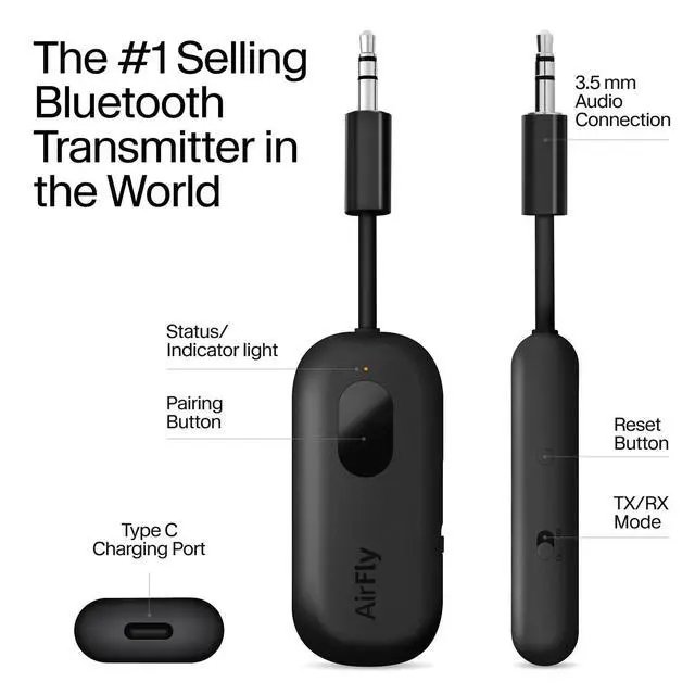 Alt view image 10 of 14 - AirFly Pro Bluetooth Wireless Audio Transmitter/Receiver for up to 2 AirPods/Wireless Headphones; Use with Any 3.5 mm Audio Jack, Black