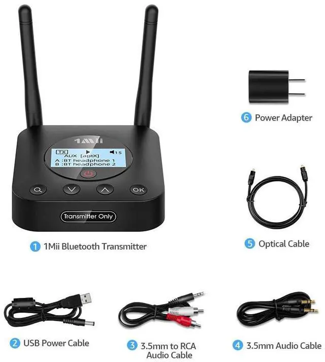 Alt view image 14 of 14 - B06TX+ Long Range Bluetooth 5.3 Transmitter for TV/PC/Projector to 2 Wireless Headphones/Speakers, Bluetooth Adapter for TV w/Screen Display, Plug n Play, aptX Low Latency & Adaptive & HD Audio