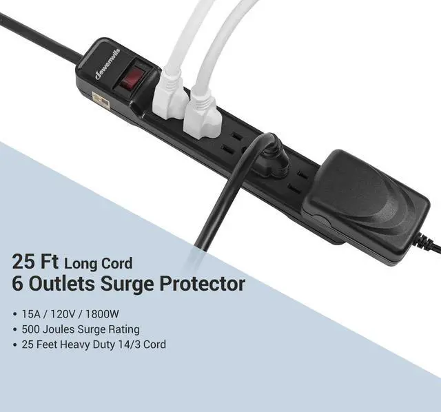 Alt view image 9 of 14 - 25FT Power Strip Surge Protector, 6-Outlet Strips with Low Profile Flat Plug, 15 Amp Circuit Breaker, 500 Joules, Wall Mount, UL Listed