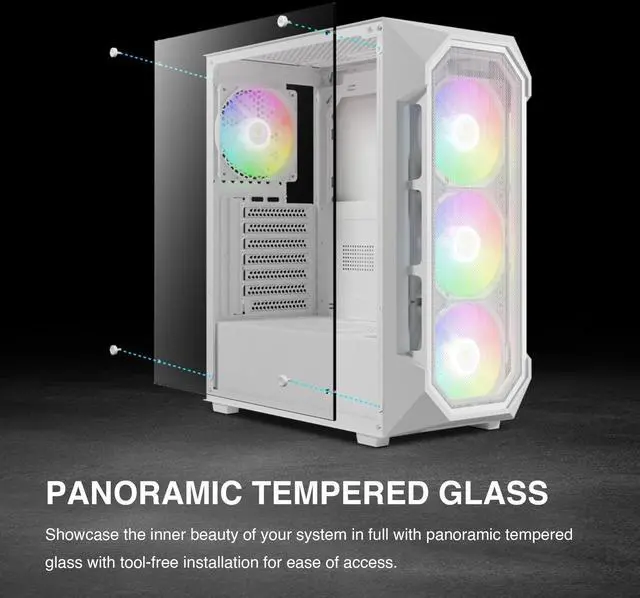 Alt view image 11 of 14 - White ATX Mid Tower Gaming Computer PC Case w/Tempered Glass, Built-in 4X 120mm ARGB Fans, Support Up to 6X 120mm Fans, 360mm AIO/Radiator, 340mm GPU/VGA, 160mm CPU Air Cooler