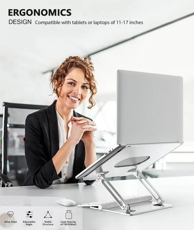 Alt view image 9 of 14 - Laptop Stand, Adjustable Multi-Angle Laptop Holder, Compatible for Laptops up to 17 inches, Sturdy Aluminum & Silicone, Silver