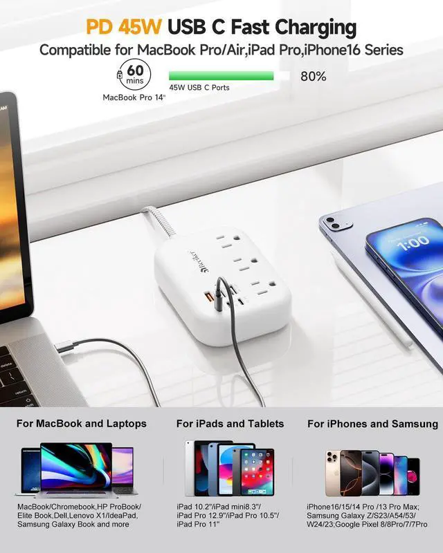 Alt view image 9 of 14 - PD45W USB C Travel Power Strip, Cruise Power Strip with 6 USB(3 USB C) Ports and 3 Outlets, 5Ft Flat Plug Braided Extension Cord, 45W Fast Charging Station for MacBook Laptops iPad Pro iPhone Samsung