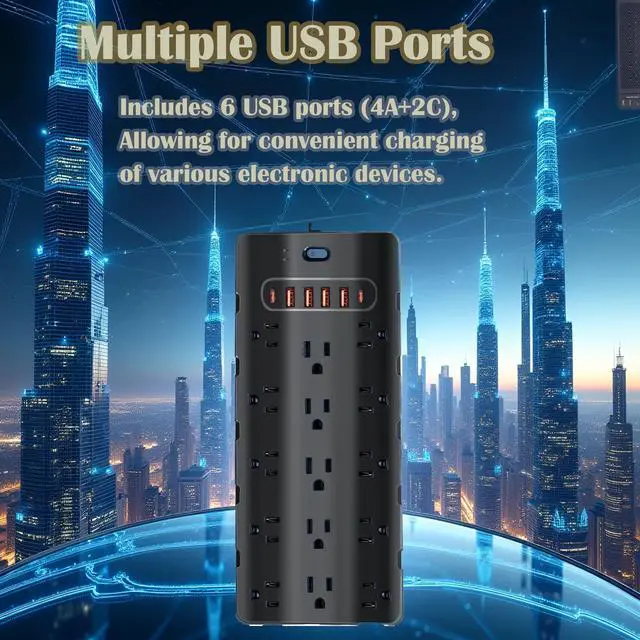 Alt view image 11 of 14 - 20 Amp Power Strip Surge Protector,Heavy Duty 12 Gauge 6.5 ft Cord/25 AC Outlets/4 USB A/2USB C/4000 Joules Surge protection/2500W/125V,Office Workshop Household Garage Black