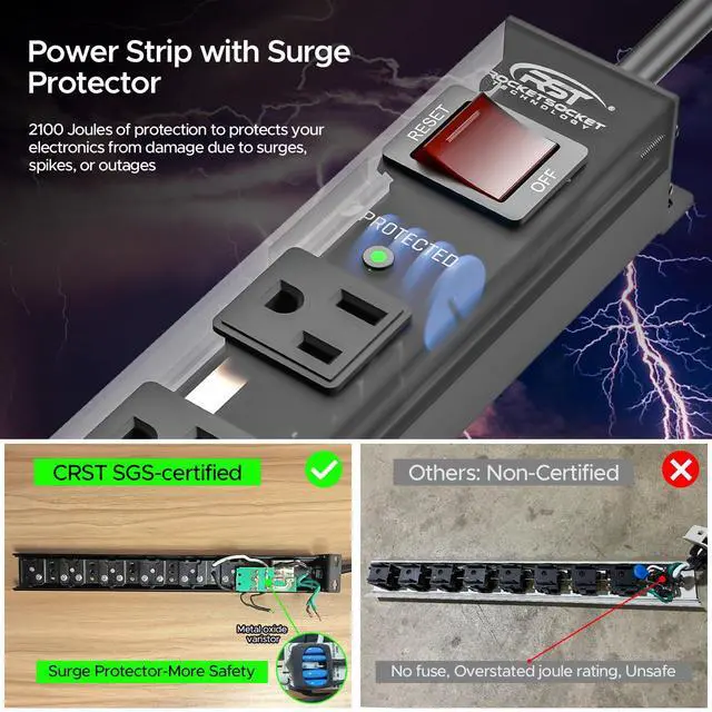 Alt view image 11 of 14 - 8 Outlet Metal Heavy Duty Power Strip, 2100J Surge Protector with 6FT Cord, 15A/1875W Wide Spaced Mountable Industrial Power Strip for Garage/Workshop/Office