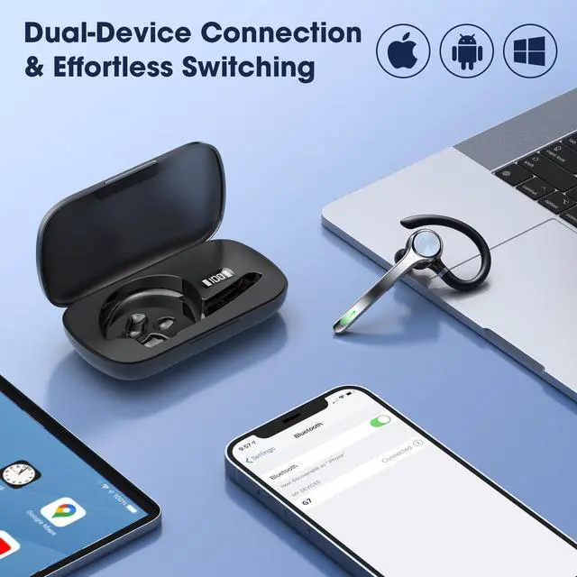 Alt view image 14 of 14 - Bluetooth Headset, Wireless Earpiece with Upgrade Noise Canceling Mic,500mAh Charging Case Support 72H Talking Time,Hand-Free Headphones with Mute Button for Computer Cell Phones Trucker Work