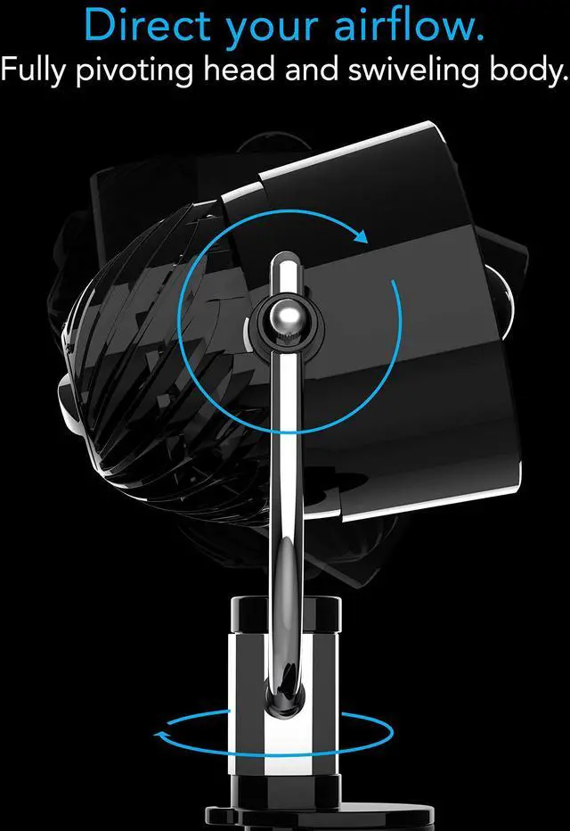 Alt view image 10 of 10 - Pivot Clip Personal Air Circulator, 3-Speed, Portable Desk Fan with Multi-Surface Clip, 360-Degree Adjustable Axis, 9 in Tall, 4 in Diameter, Whisper Quiet, Black