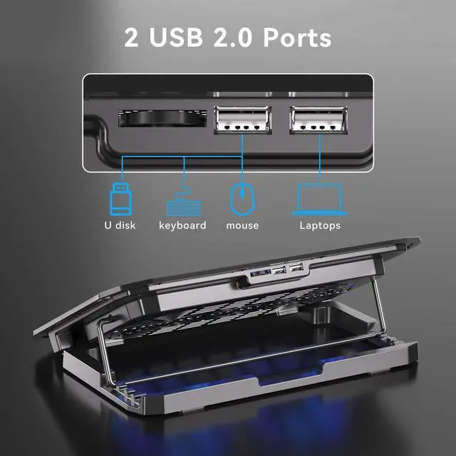 Alt view image 9 of 12 - Ultra Slim Laptop Cooling Pad with 2 Quiet Big Fans, 5 Height Adjustable Ergonomic Stand, Portable Cooler for 10-15.6 Inch Laptops, Speed Control and 2 USB Ports